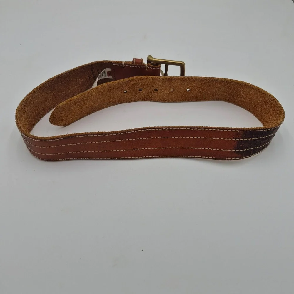 Lucky Brand Mens Brown Leather Belt Triple Stitch Brass Buckle BKRUR122 Size 34